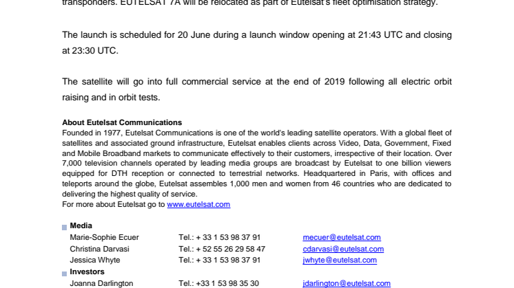 EUTELSAT 7C arrives in Kourou ahead of 20 June launch 