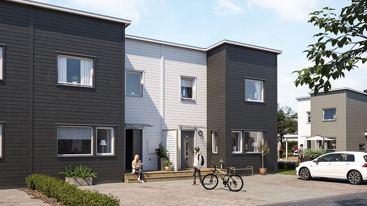 Illustration av entrésida, med uppfart och förstukvist, BoKlok Piren i Errarp, Ängelholm. 