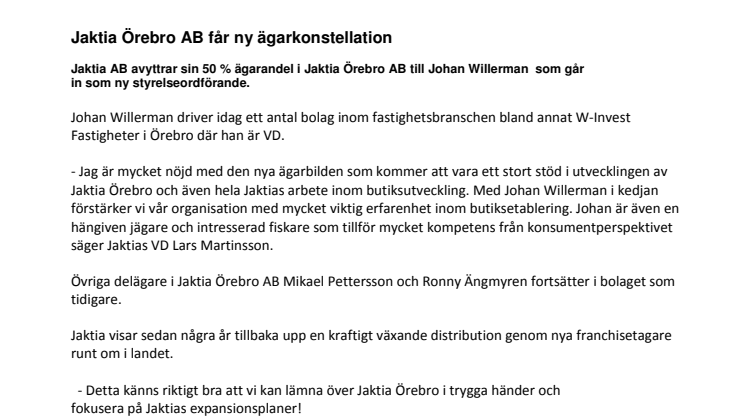 Jaktia Örebro AB får ny ägarkonstellation