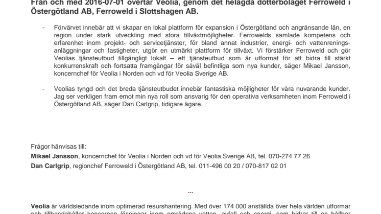 Veolia förvärvar verksamheten inom Ferroweld i Slottshagen AB 