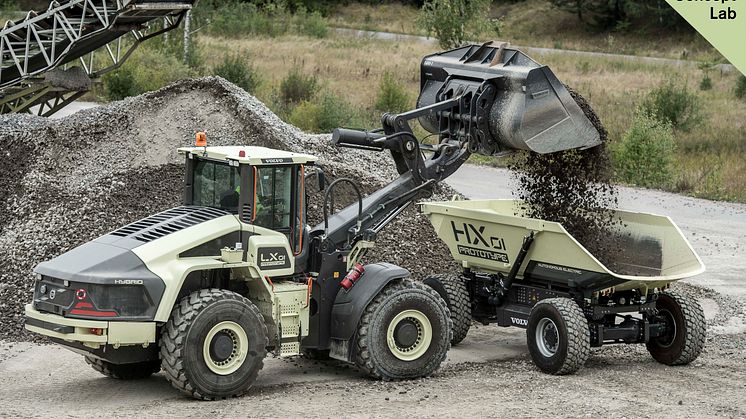 Volvo LX1 hybridhjullastare lastar den självgående lastbäraren HX1