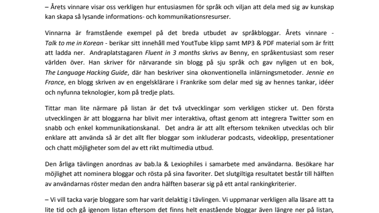 bab.la och Lexiophiles presenterar: Top 100 Språkbloggarna 2010