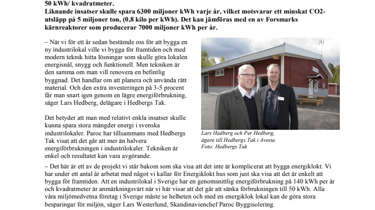 Sveriges energisnålaste industrilokal: Tekniken bakom Hedbergs Tak kan spara  6300 miljoner kWh per år i Sveriges industrilokaler