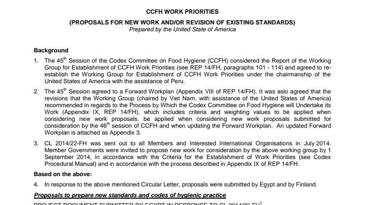 Projektdokument från Codex Committee of Food Hygien