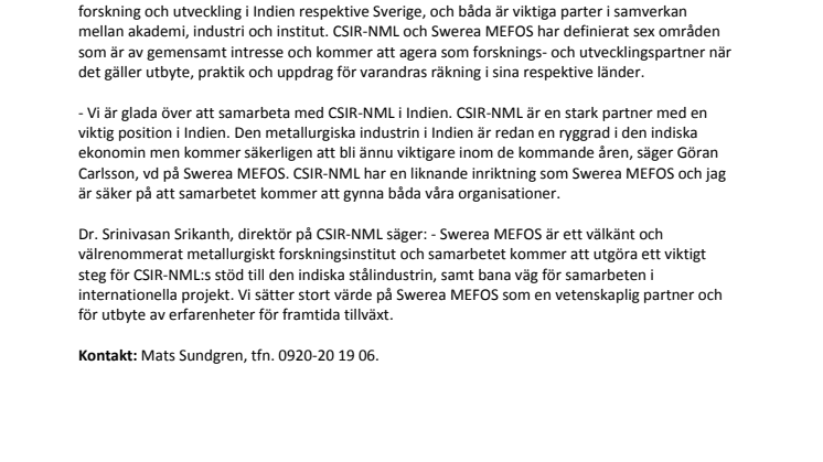 Indiska CSIR-National Metallurgical Lagoratory och Swerea MEFOS samarbetar