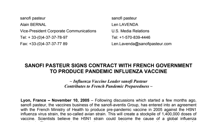 SANOFI PASTEUR SIGNS CONTRACT WITH FRENCH GOVERNMENT TO PRODUCE PANDEMIC INFLUENZA VACCINE