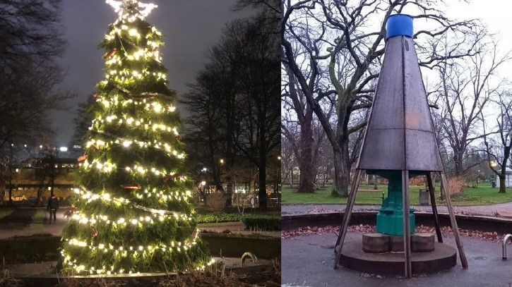 Skyddshöljet runt fontänen i Stadsträdgården före och efter att den blev omvandlad till gran.