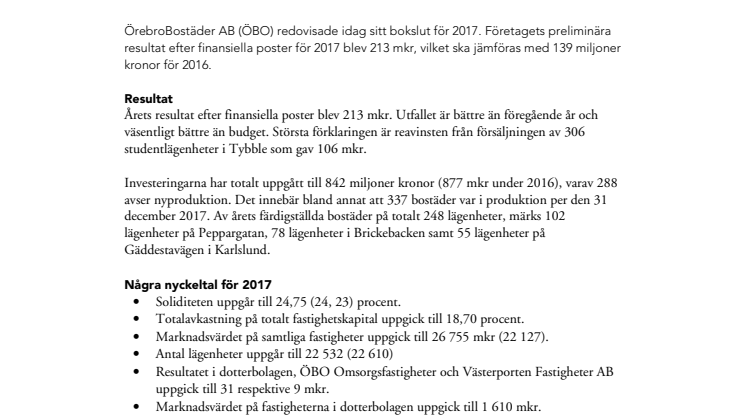 Bokslutskommuniké för 2017