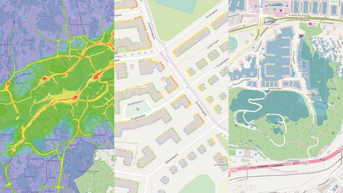 Kartbild över luftkvalitet, trafikbuller per våningsplan och karta över tysta områden i Göteborg.