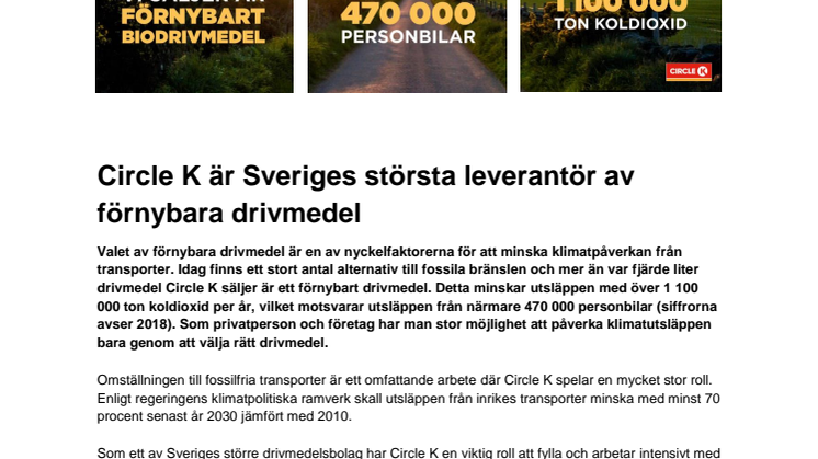 Circle K är Sveriges största leverantör av förnybara drivmedel 