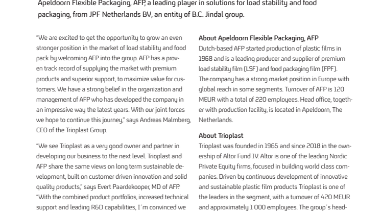 Trioplast to acquire Apeldoorn Flexible Packaging