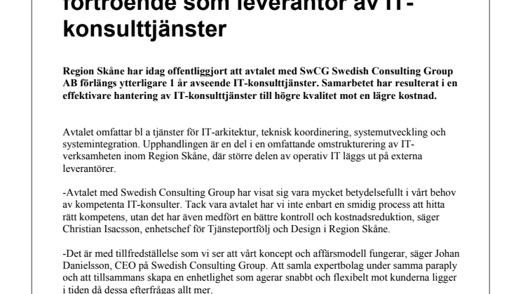 Region Skåne ger Swedish Consulting Group fortsatt förtroende som leverantör av IT-konsulttjänster