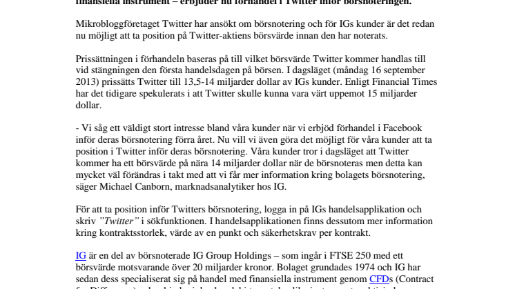 IG erbjuder förhandel i Twitter