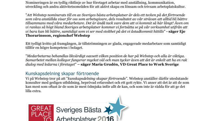 Webstep rankad som en av Sveriges Bästa Arbetsplatser