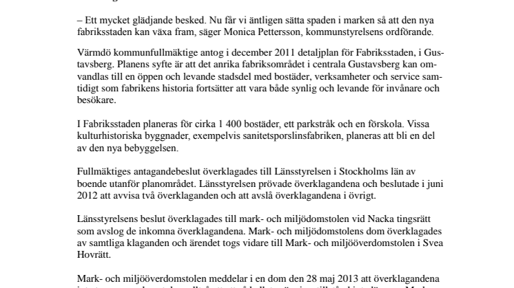 Detaljplan för Fabriksstaden i Gustavsberg vinner laga kraft
