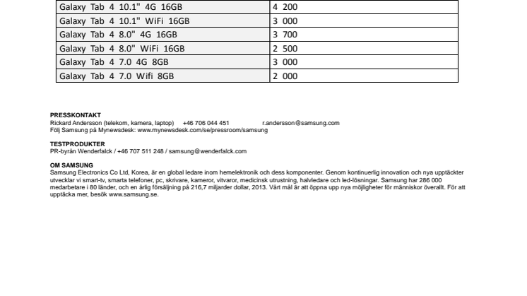 Galaxy Tab 4- Priser SE