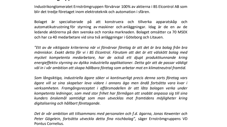 Ernströmgruppen förvärvar BS Elcontrol