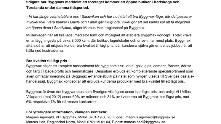 Byggmax öppnar butik i Sandviken under andra kvartalet 2013