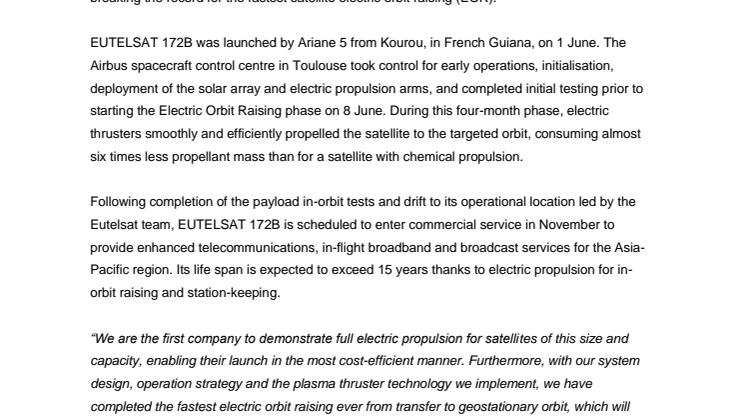 Eutelsat’s Airbus-built full electric EUTELSAT 172B satellite reaches geostationary orbit 