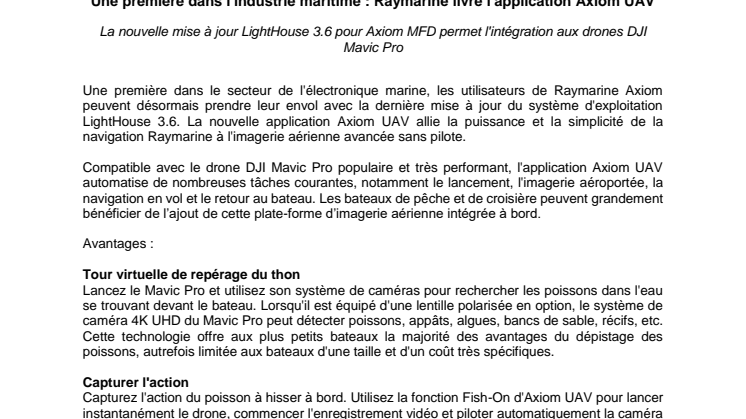 Raymarine: Une première dans l'industrie maritime : Raymarine livre l'application Axiom UAV
