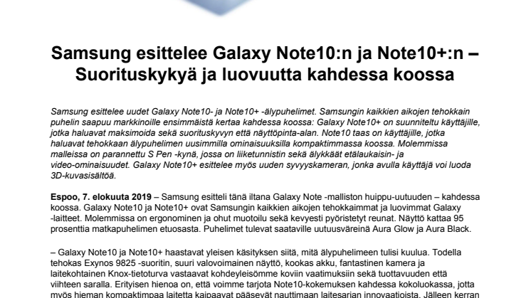 Samsung esittelee Galaxy Note10:n ja Note10+:n – Suorituskykyä ja luovuutta kahdessa koossa