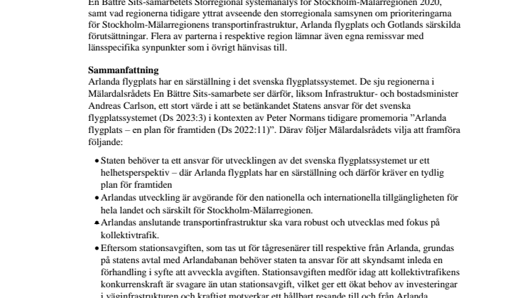 Mälardalsrådet Remissvar på Statens ansvar för det svenska flygplatssystemet.pdf