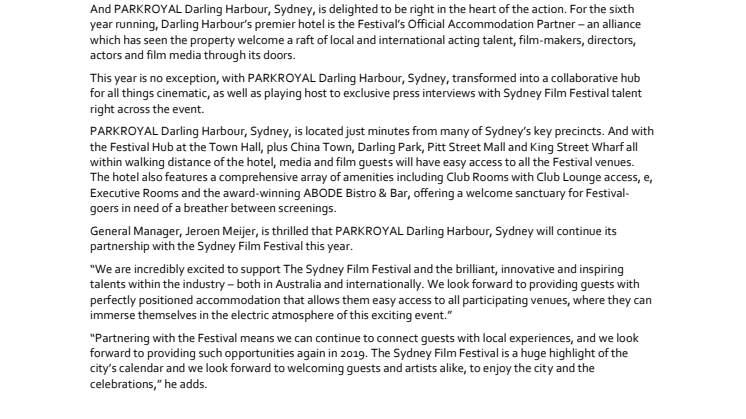 Red-carpet ready: PARKROYAL Darling Harbour, Sydney, celebrates the 66th Annual Sydney Film Festival