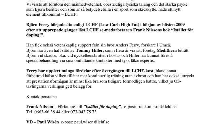 Björn Ferrys ”guldkost” är LCHF-kost