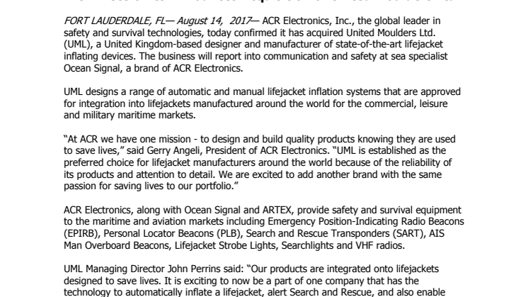 ACR Electronics Announces Acquisition of United Moulders Ltd.