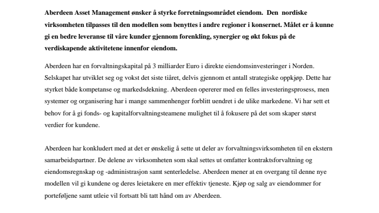 Endringer i Aberdeen Asset Managements  eiendomsorganisasjon. Aberdeen i samtaler med CBRE 