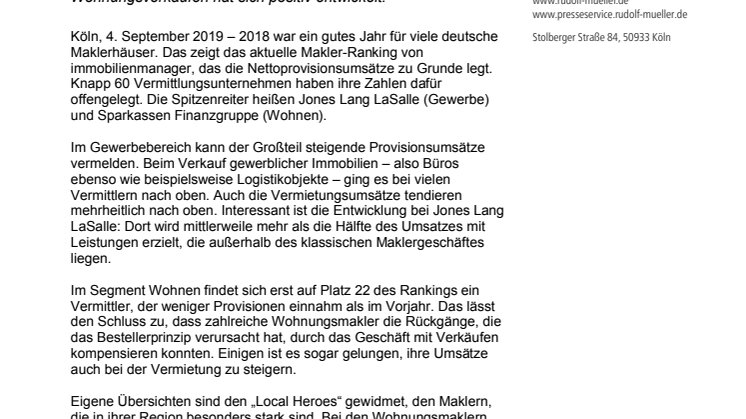 immobilienmanager Makler-Ranking 2019:  Rekordmarkt beflügelt Vermittler