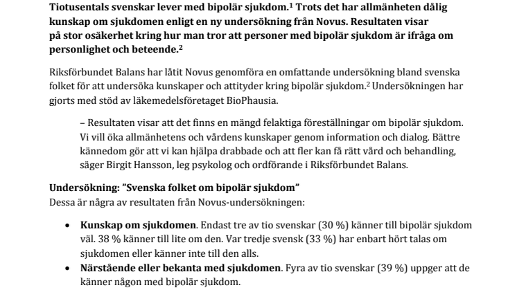 Nationell Novus-undersökning: Dålig kunskap om bipolär sjukdom 