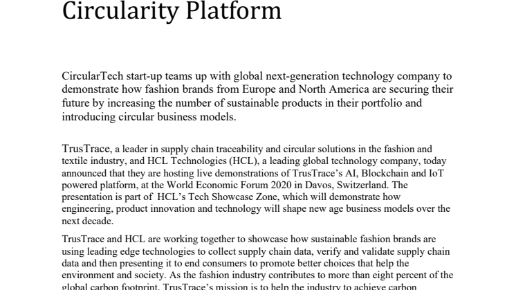 TrusTrace to showcase with HCL Technologies at 2020 World Economic Forum their AI, Blockchain and IoT powered Supply Chain Traceability and Circularity Platform 