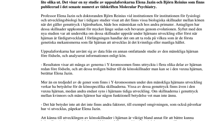 Könsskillnader finns i hjärnan redan före födseln 