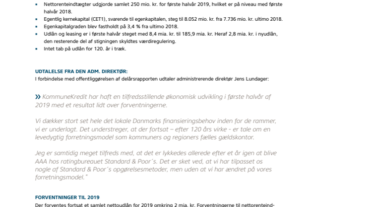 KommuneKredit offentliggør Delårsrapport 2019