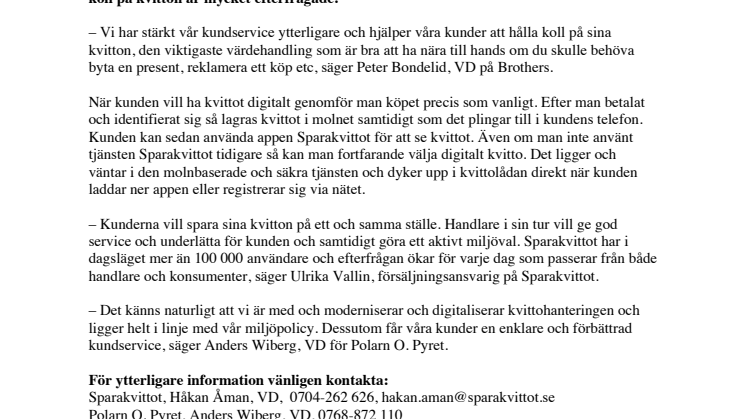 Brothers erbjuder digitala kvitton i alla butiker