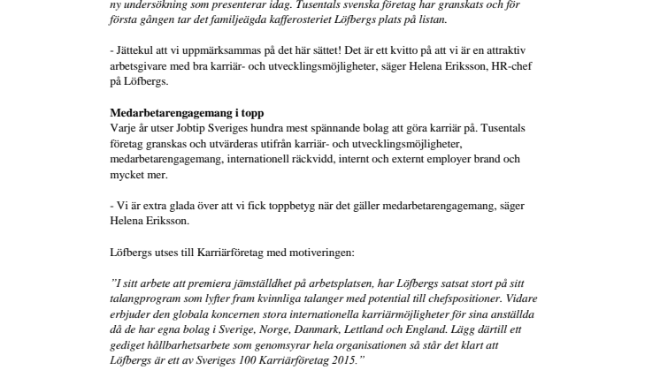 Löfbergs utsett till Karriärföretag 2015