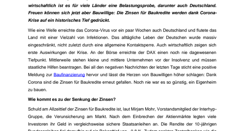 Corona-Krise drückt die Zinsen für Baukredite