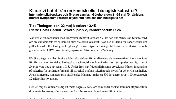 Pressinbjudan: Klarar vi hotet från en kemisk eller biologisk katastrof?