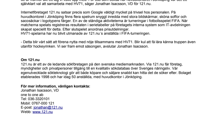 121.nu blir ny Guldpartner till HV71