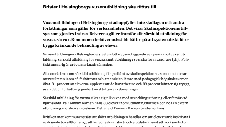 Brister i Helsingborgs vuxenutbildning ska rättas till