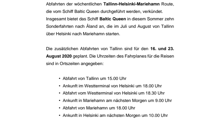 Tallink Grupp bietet zwei zusätzliche Sonderfahrten Tallinn-Helsinki-Mariehamn im August 2020 an