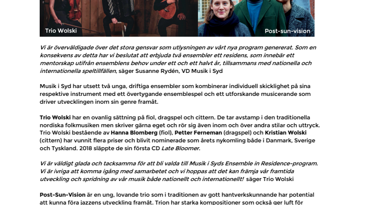 Dubbel glädje när Musik i Syd utsåg första Ensemble in Residence