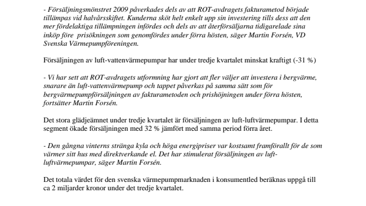 Värmepumpsförsäljningen i Sverige under 3:e kvartalet