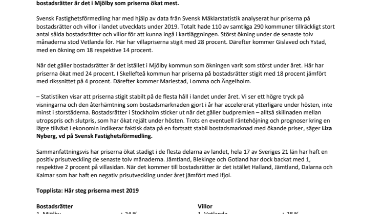 Svensk Fastighetsförmedlings vd: Så blev bostadsåret 2019 