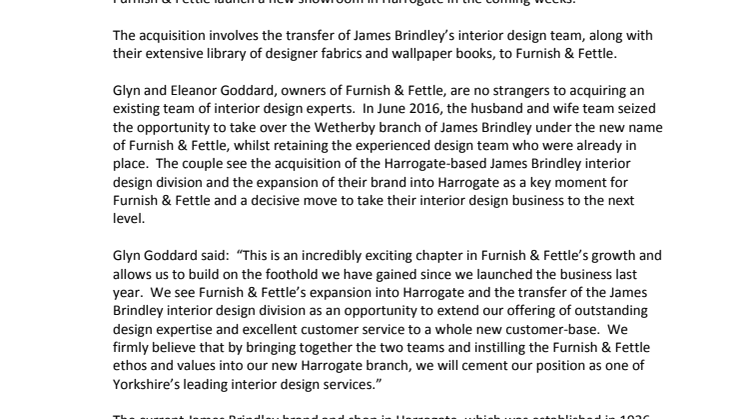 Furnish & Fettle continues rapid growth by acquiring  James Brindley of Harrogate’s Interior Design Division
