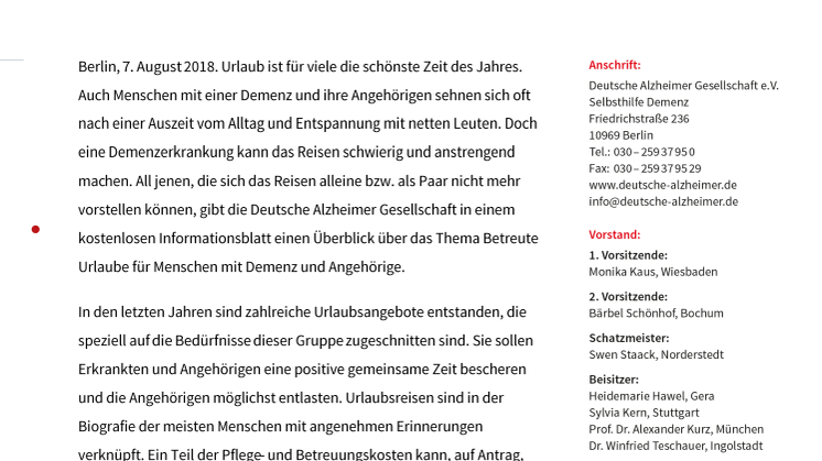 Urlaubsreisen für Menschen mit  Demenz und Angehörige – Deutsche Alzheimer Gesellschaft  veröffentlicht aktuelle Infos