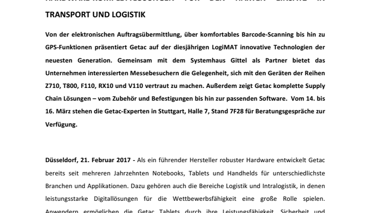 GETAC AUF DER LOGIMAT 2017: ROBUSTE HARDWARE FÜR EFFIZIENTE PROZESSE IN DER LOGISTIK, HALLE 7, STAND 7F28