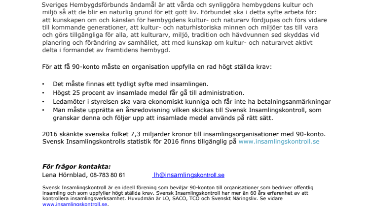 Sveriges Hembygdsförbund har beviljats 90-konto 