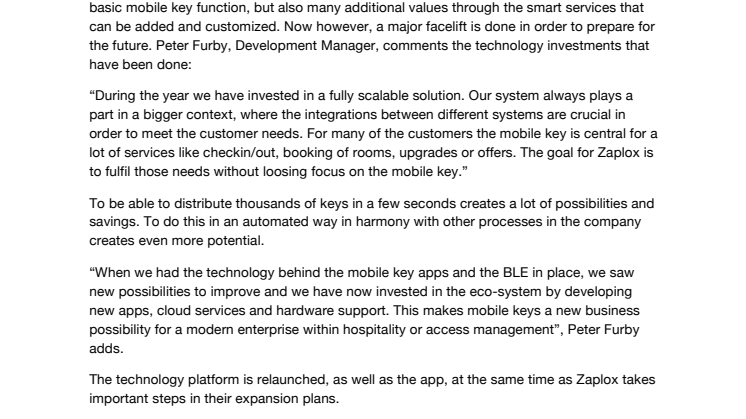 Zaplox prepares for expansion by launching mobile keys 2.0